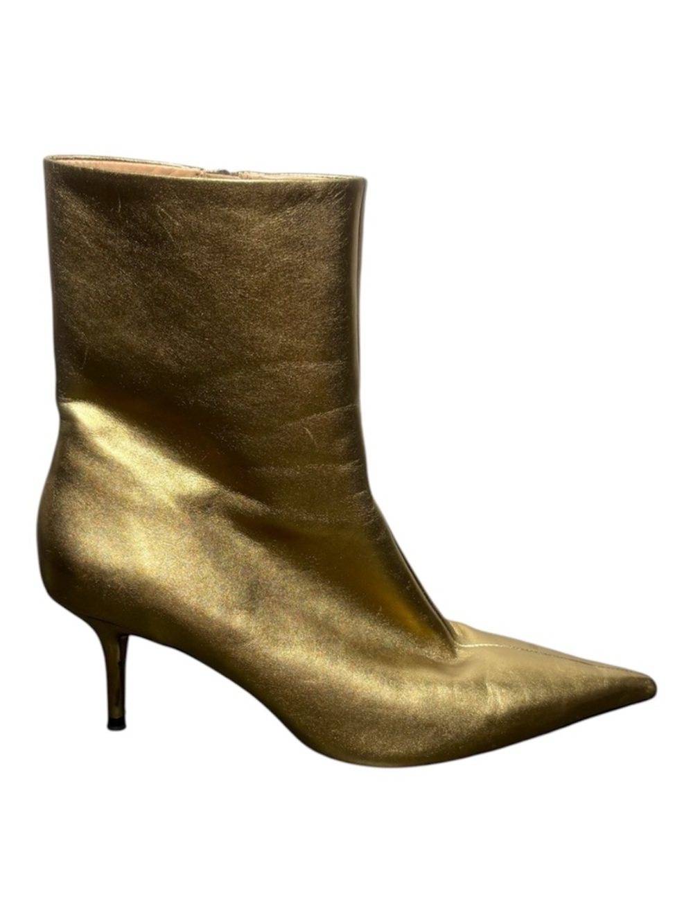 ZARA Gold Metallic Pointed-Toe Kitten Heel Ankle Boots